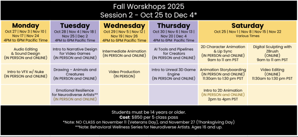 Fall Workshops Schedule. For a list of classes, please click the 'Register' button.