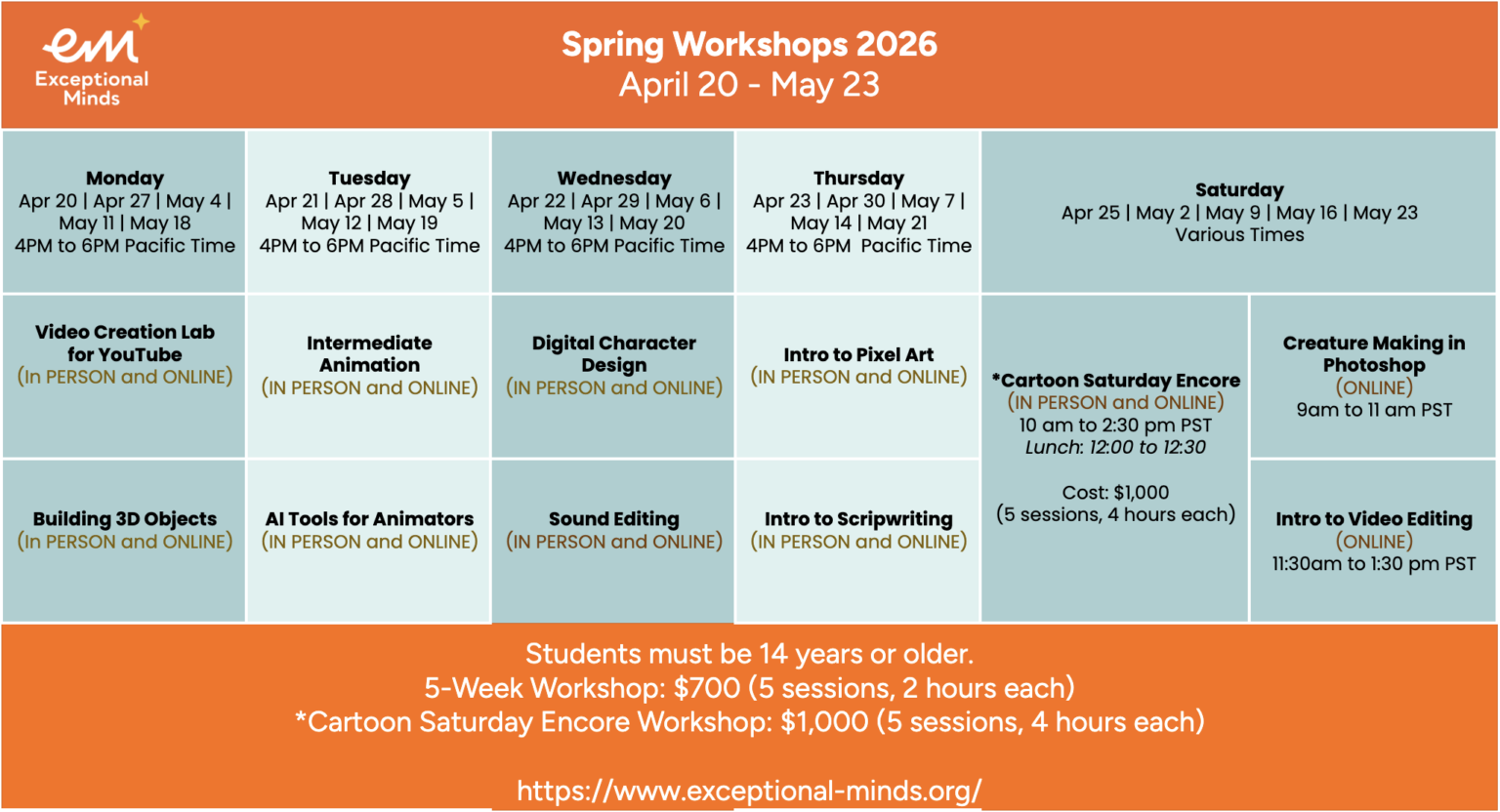 Spring workshop schedule by date and time
