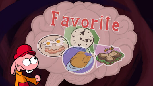 Still image from the film "Too Many Options" depicting the main character, Sammy, surrounded by a thought bubble full of images of various meals. The word "Favorite" is written in the bubble.